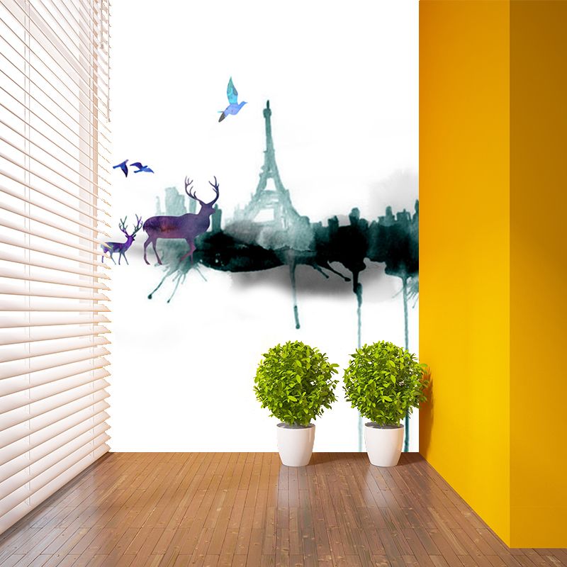 Artistic Watercolor Deer Mural Grey and Green Landscape Painting Wall Covering for Accent Wall