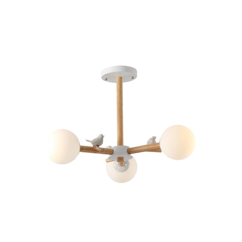 Radial Ceiling Mount Chandelier Nordic Wood 3/6-Bulb Bedroom Semi Mount Lighting with White Glass Shade and Bird Decor