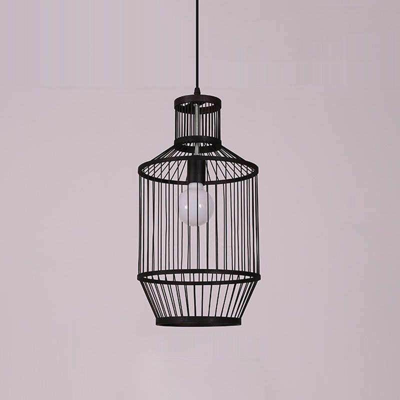 Bamboo Cage Style Pendant Lighting Chinese 1-Light Black Ceiling Suspension Lamp