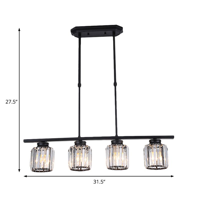 Nordic Cylinder Island Pendant Crystal 3/4 Bulbs Hanging Ceiling Light in Black for Living Room