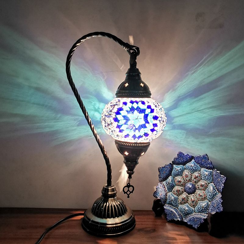 1-Light Gooseneck Table Light Turkish Style Bronze Handcrafted Glass Nightstand Lamp