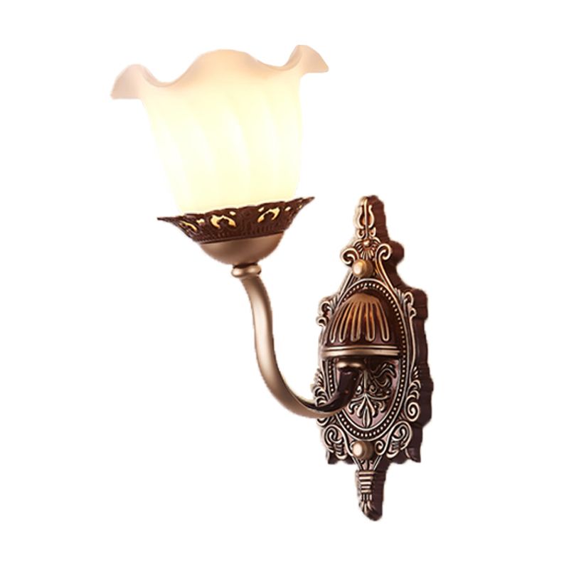Rustic Style Blossom Wall Lamp 1/2-Head Opaline Glass Wall Mount Lighting in Brown for Living Room