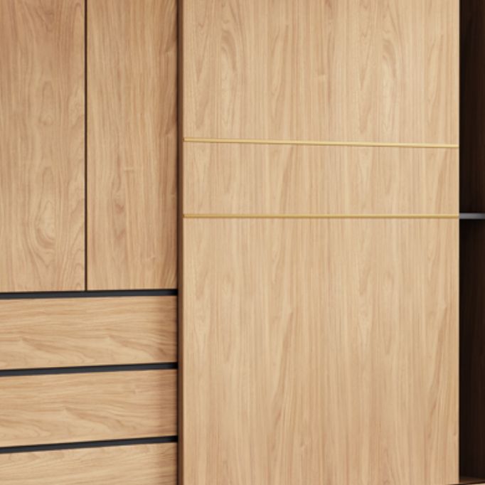 Natural Finish Wardrobe Armoire Sliding Wardrobe Cabinet with Drawer