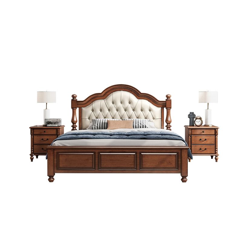 Mid-Century Modern Standard Bed Solid Wood Panel Bed with Upholstered Headboard