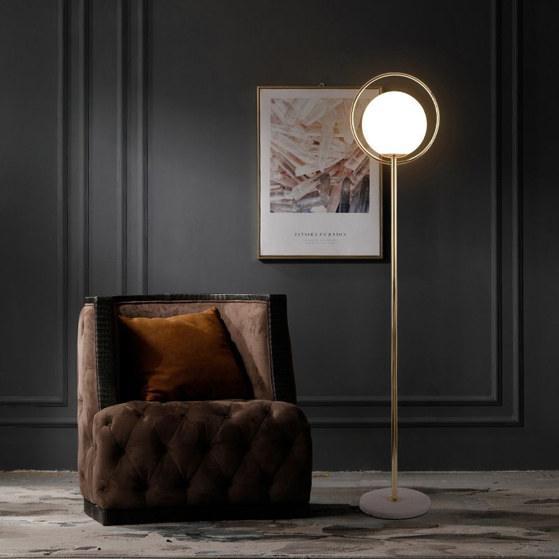 Lampada da pavimento ad anello alone minimalismo metallo 1 testa nera/oro stand up light con tonalità in vetro bianco globo