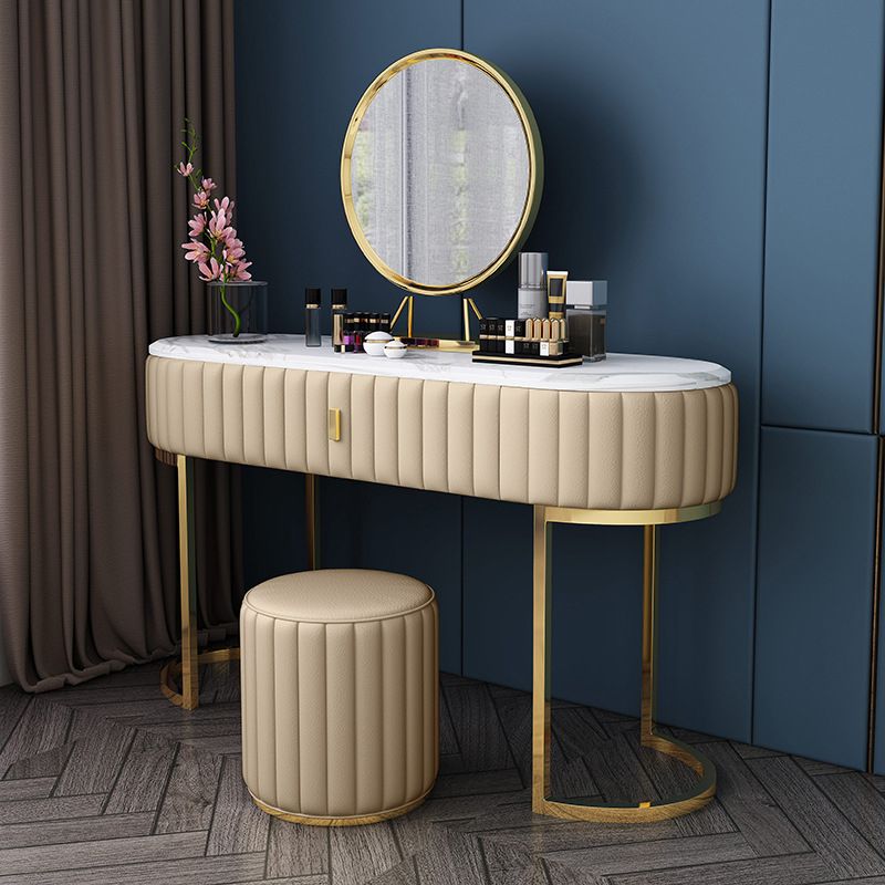 Stone Top Oval Vanity Table Mirrored Metal Makeup Dressing Table