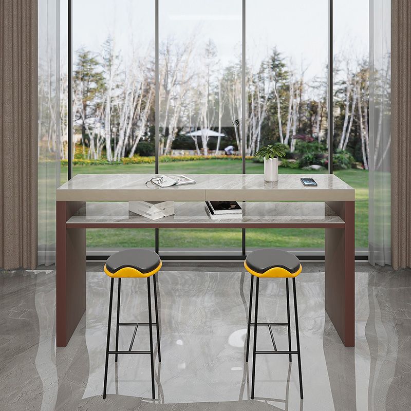 Industrial Rectangle Counter Height Table Stone Top Bar Table with Double Pedestal