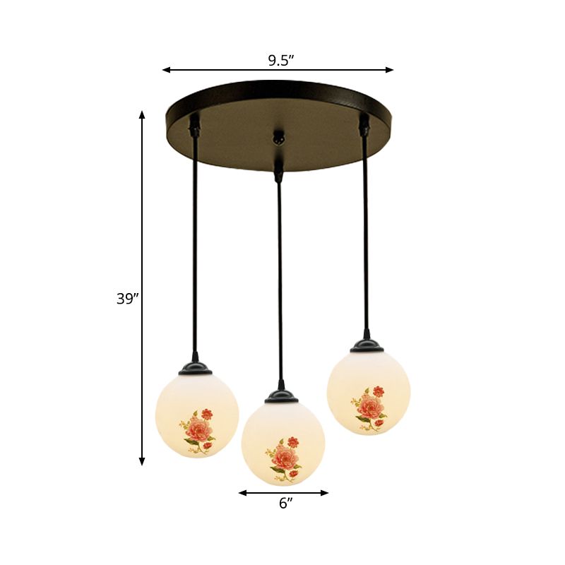 Ball Frosted White Glass Multi Light Pendant Minimalist 3 Bulbs Dining Room Suspension Lamp with Linear/Round Canopy and Floral Pattern