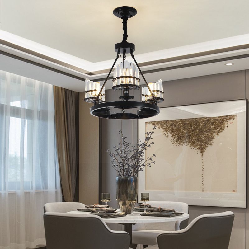 Kreisförmige Kristallstangen Kronleuchter Vintage Wohnzimmer Hanging Anhängerlampe in Schwarz