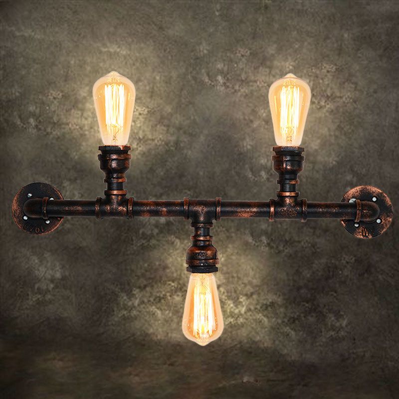 Metal Exposed Wall Light Fixture Industrial Style 3 Heads Weathered Copper Wall Sconce Lamp with Water Pipe