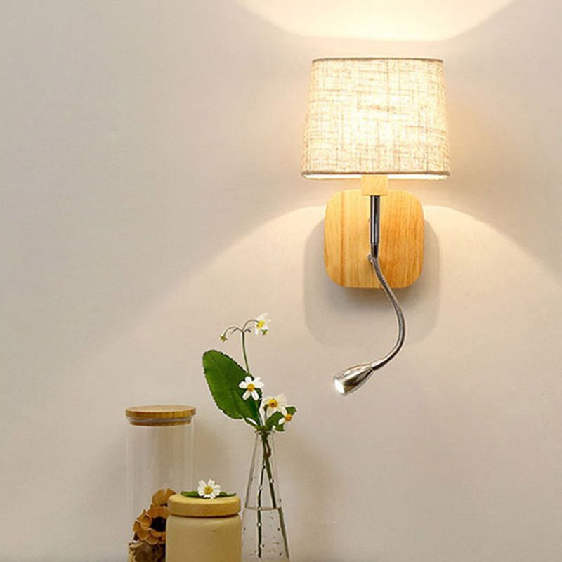 Geometric Fabric Reading Wall Light Nordic 2-Light Natural Wood Wall Lamp with Switch