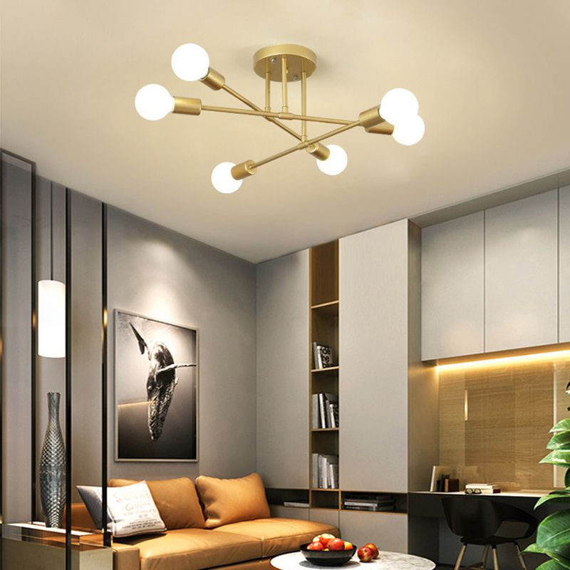 Industrial Vintage Sputnik Ceiling Light Wrought Iron 6-Light Semi Flush Mount for Living Room