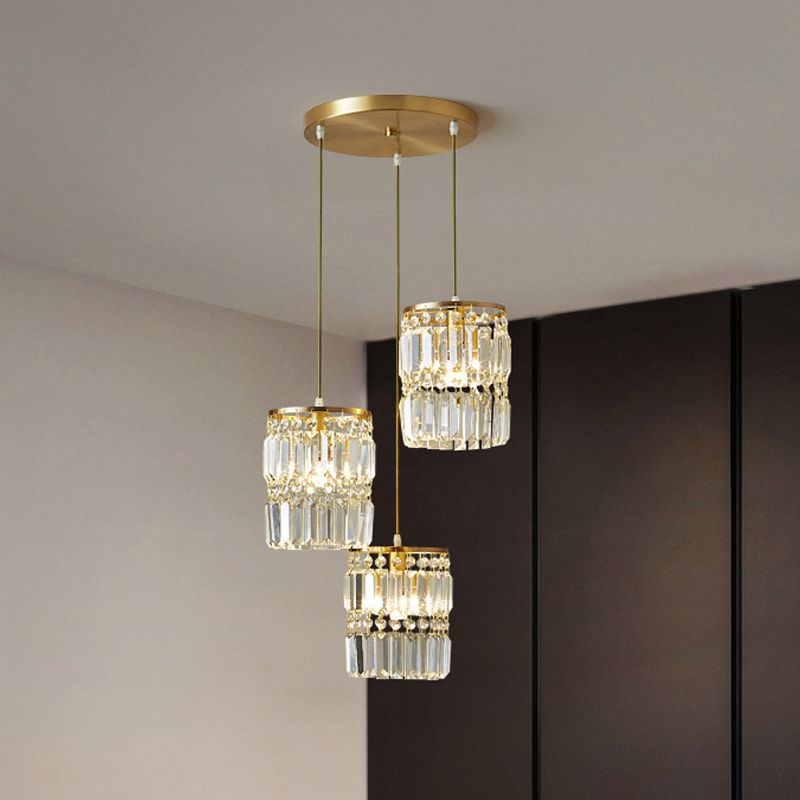 Crystal Prism Cylindrical Multi Pendant Modern 3 Heads Brass Ceiling Light with Round/Linear Canopy