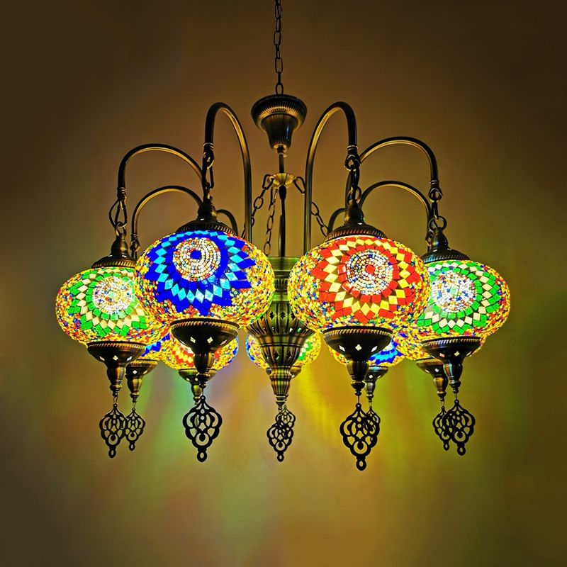 9 Heads Oval Ceiling Pendant Light Vintage Yellow/Green Hand Cut Glass Chandelier Lighting