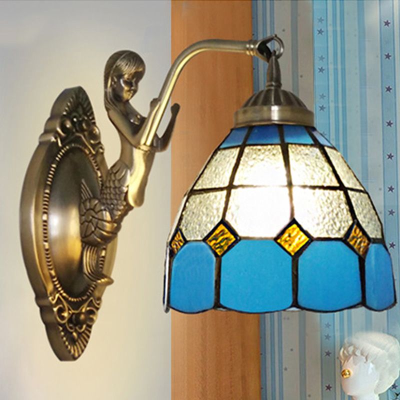 1 Bulb Living Room Wall Mounted Light Baroque Bronze Mermaid Wall Lamp with Grid Dome Dark/Sky Blue and White Glass Shade