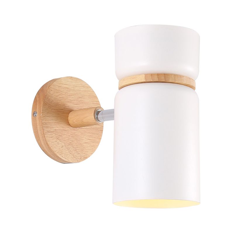 1 Bulb Cylinder Sconce Light Modern Metal Wall Mounted Lighting in Grey/White with Round Wood Backplate