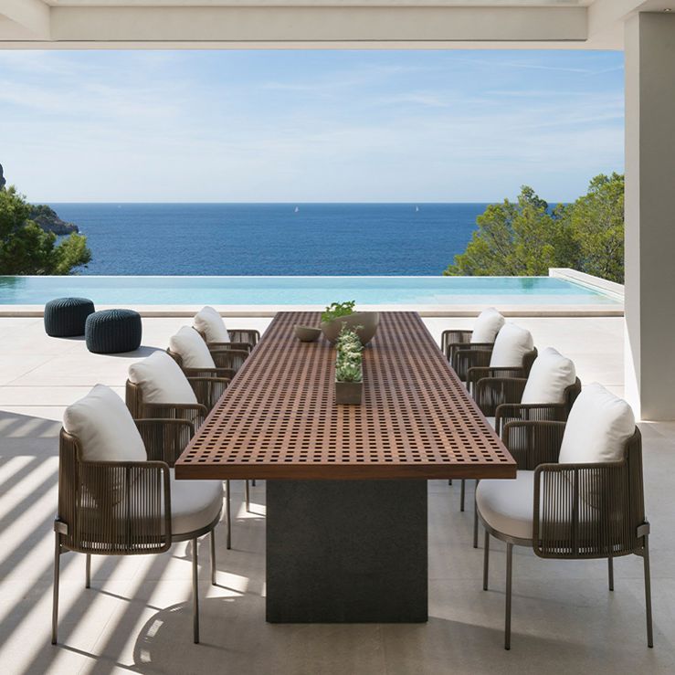 Boho Patio Dining Table Set 1/7/9 Pcs Teak Wood Dining Table with Upholstered Chair