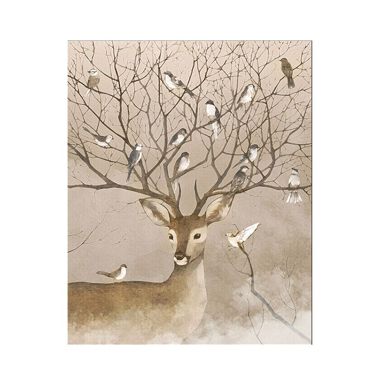 Brown Stag and Bird Painting Canvas Textured Farmhouse Living Room Wall Art
