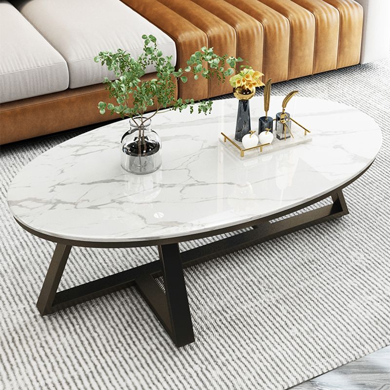 Glam Iron Cross Legs Cocktail Table Oval Slate Top Coffee Table