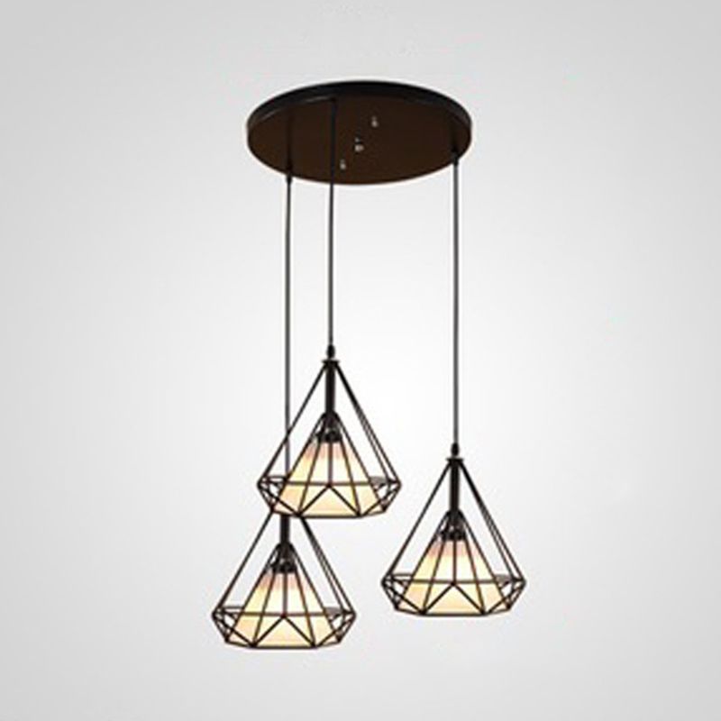 3 Lights Diamond Pendant Industrial Metal Ceiling Pendant with Hanging Cord for Restaurant