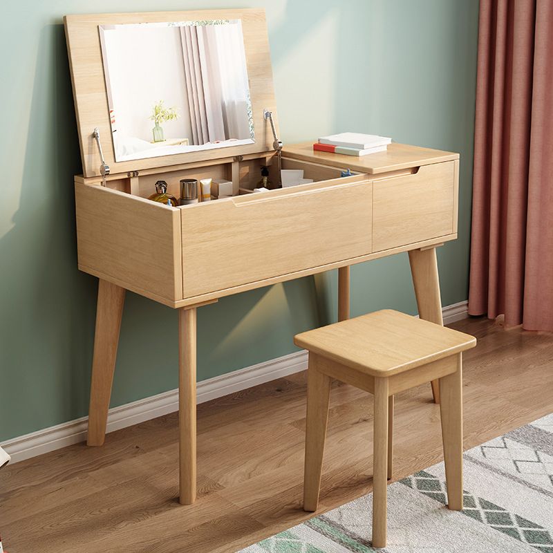 Solid Wood Mirrored Vanity and Stool Scandinavian Dressing Table