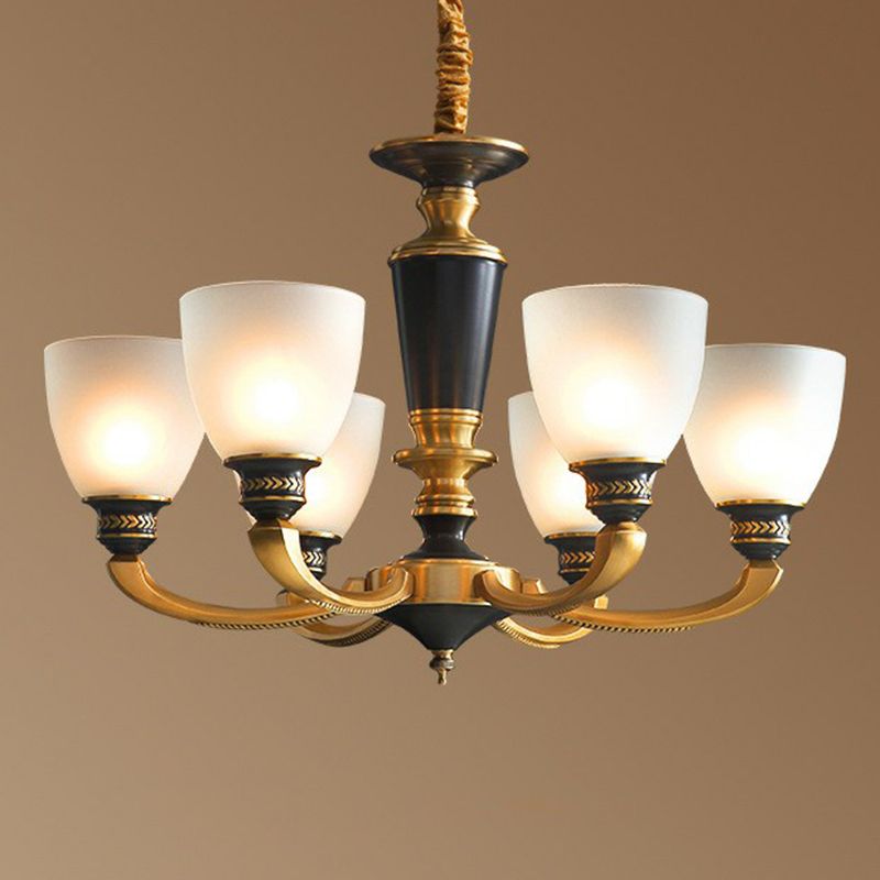 Black-Bronze Hanging Ceiling Light Traditional Frosted Glass Bell Chandelier for Living Room