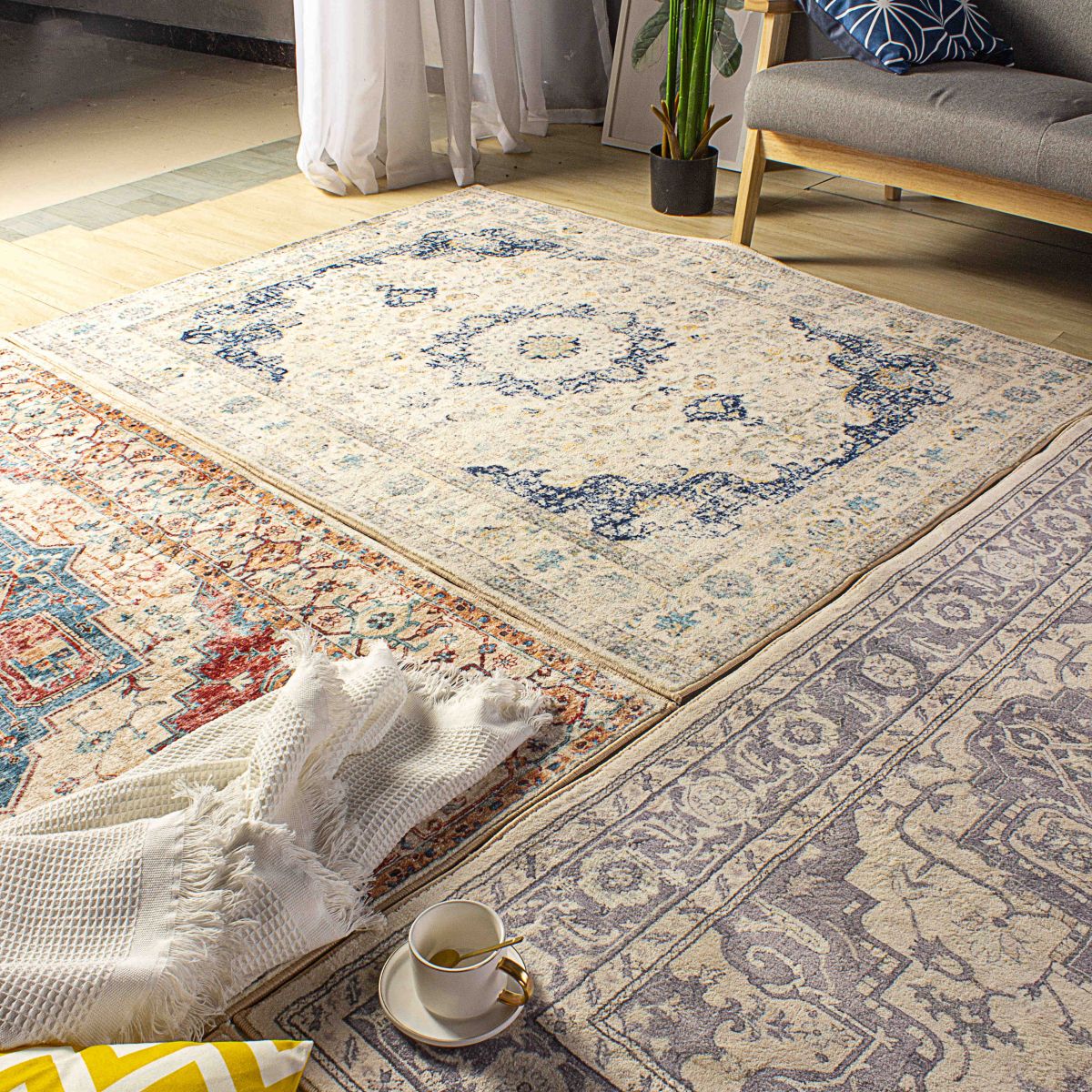 Green Tone Moroccan Area Carpet Polyester Moroccan Print Indoor Rug Easy Care Carpet for Living Room