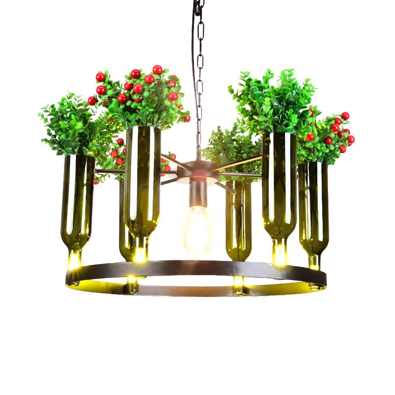 7/10 Heads Round Chandelier Lamp Industrial Green Metal Hanging Ceiling Light with Plant Decoration