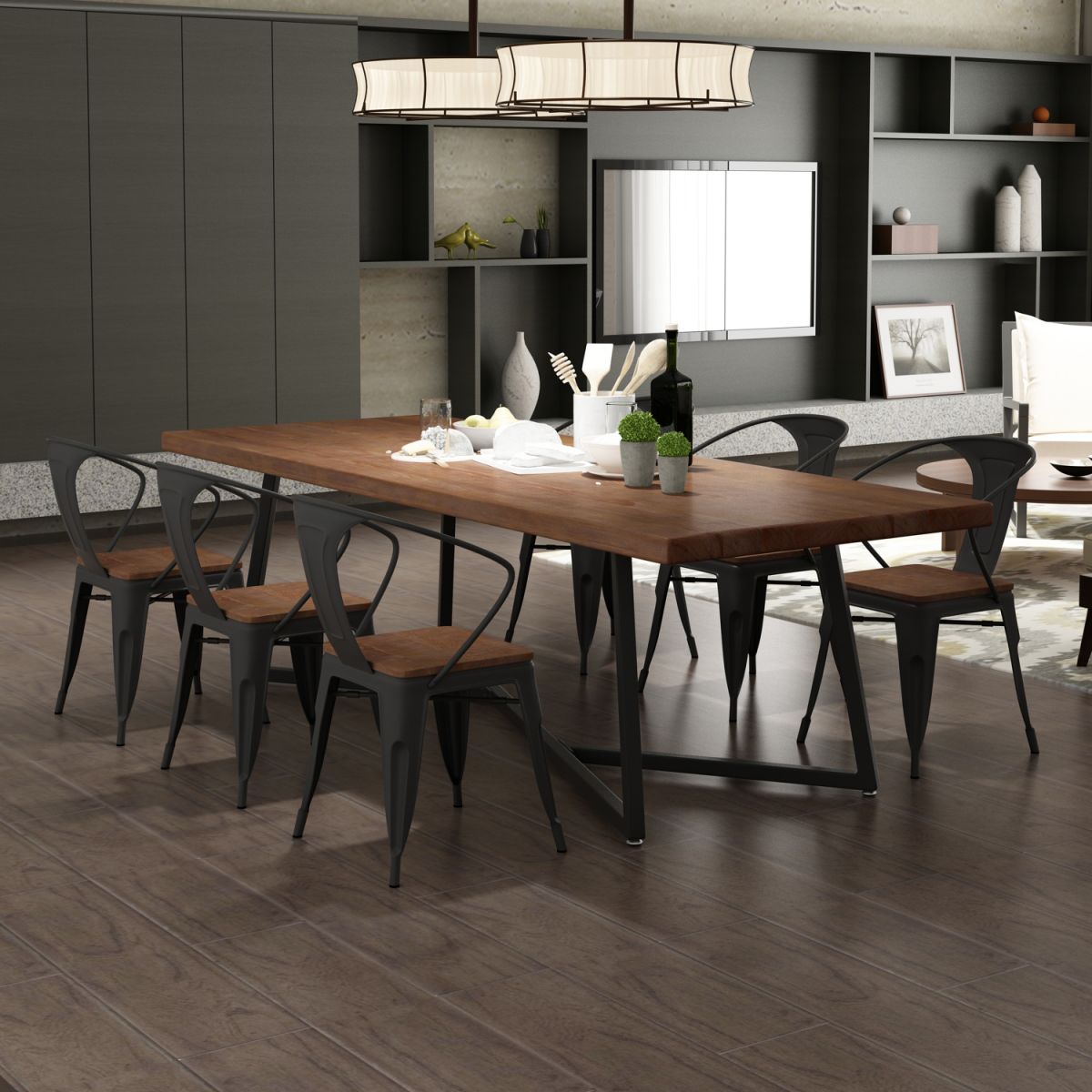 1/7 Pieces Rectangular Dining Table Set Industrial Style Wooden Home Table Chairs