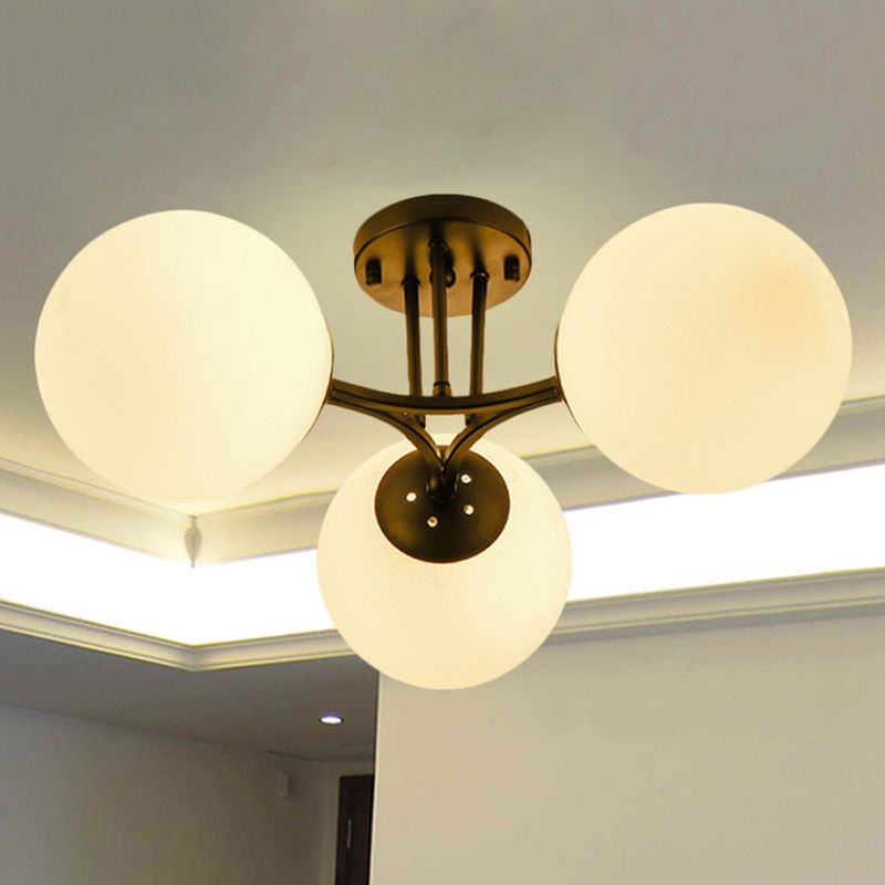 3/6 Lights Living Room Ceiling Light Fixture Traditional Black Semi Flush with Globe White Glass Shade