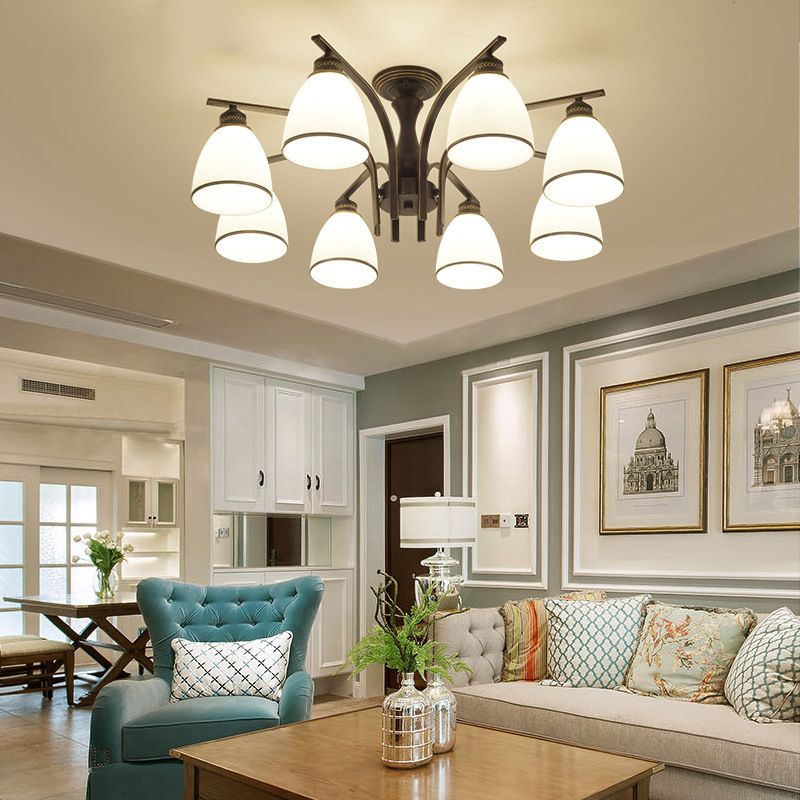 Black Radial Ceiling Light in Traditional Retro Style Wrought Iron Semi Flush Mount with Glass Shade