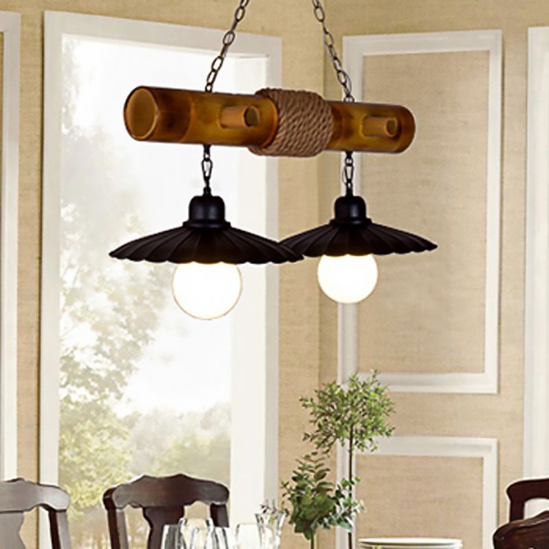 2 Heads Scalloped Hanging Lamp Countryside Black Rope and Bamboo Island Lighting for Dining Room