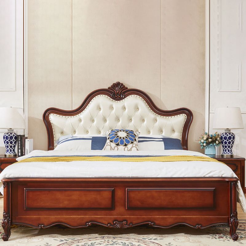 84.65 inch Wide Victorian Bed Rubberwood Bed Frame with Upholstered Headboard