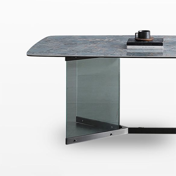 Blue Rectangle Sintered Stone Dining Table for 4/6 with Glass Base Dining Set for Restaurant