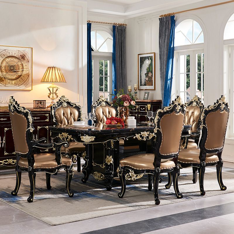 Glam Kitchen Table with Faux Marble Top Solid Wood Legs in Black