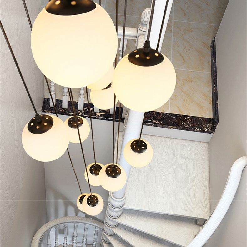 White Glass Cluster Globe Pendant Simplicity Black Multi-Light Ceiling Lamp for Staircase