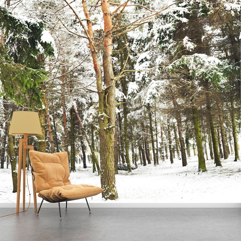 Non-Woven Washable Mural Modern Style Scenery Among the Snowy Forest Wall Decor in Green