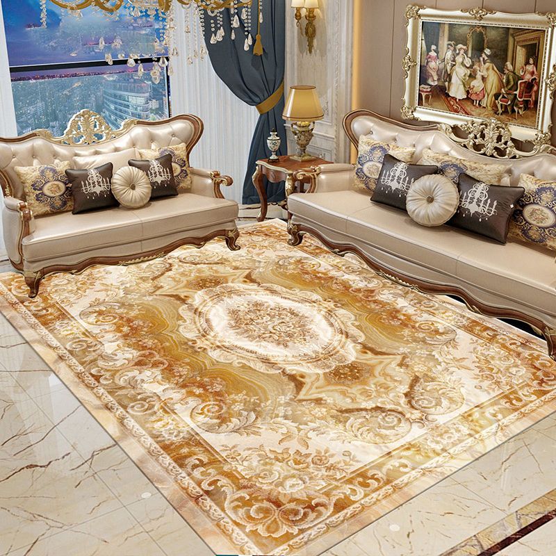 Beige Medallion Pattern Area Carpet European Polyester Area Rug Non-Slip Backing Rug for Home Decor