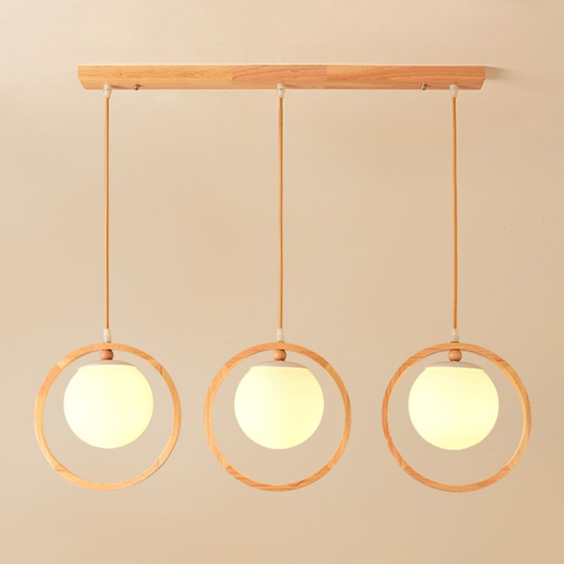 Opaline Glass Ball Cluster Pendant Nordic Style Beige Hanging Light Fixture with Wooden Ring