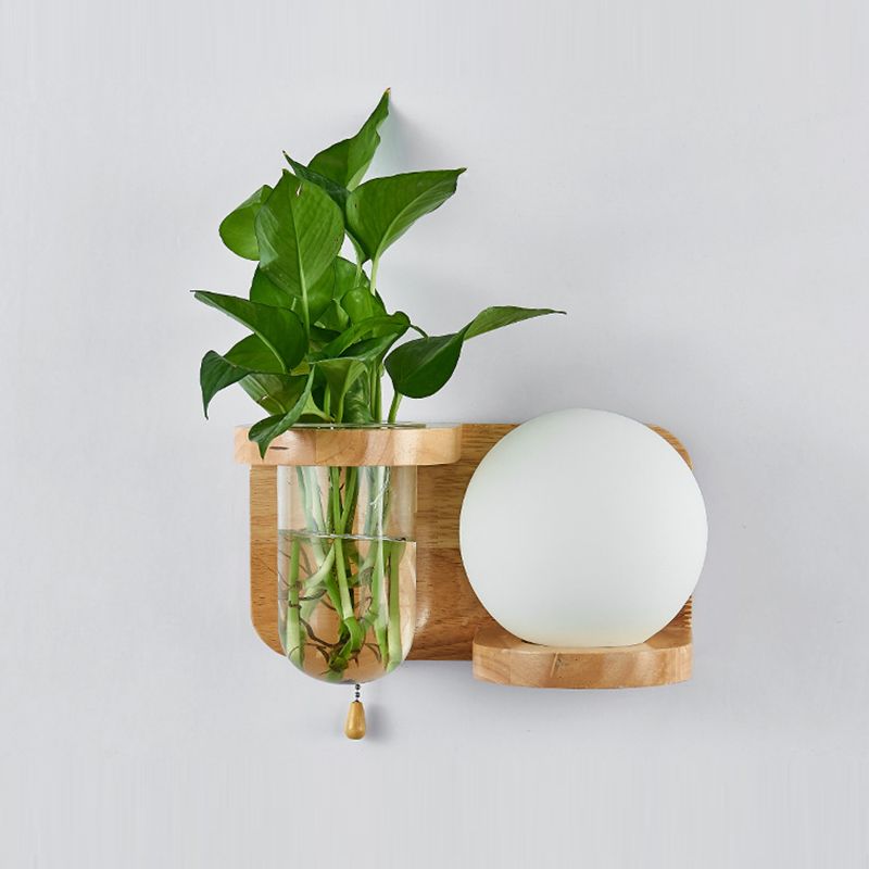 Contemporary Wooden Wall Sconce Simple Wall Light with Glass Shade without Plants