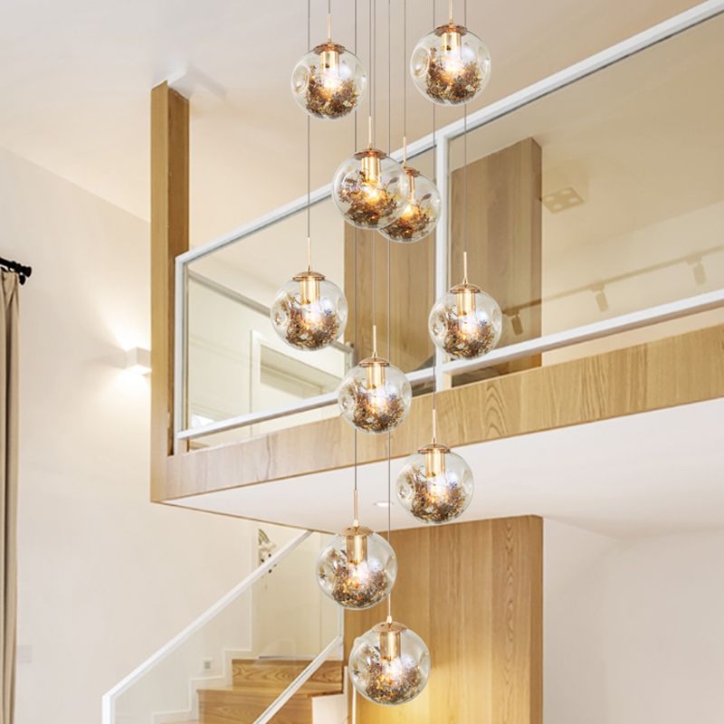 Spherical 10-Light Pendant Modern Cognac Glass Stairway Multiple Hanging Lamp with Shatter Flower Inside