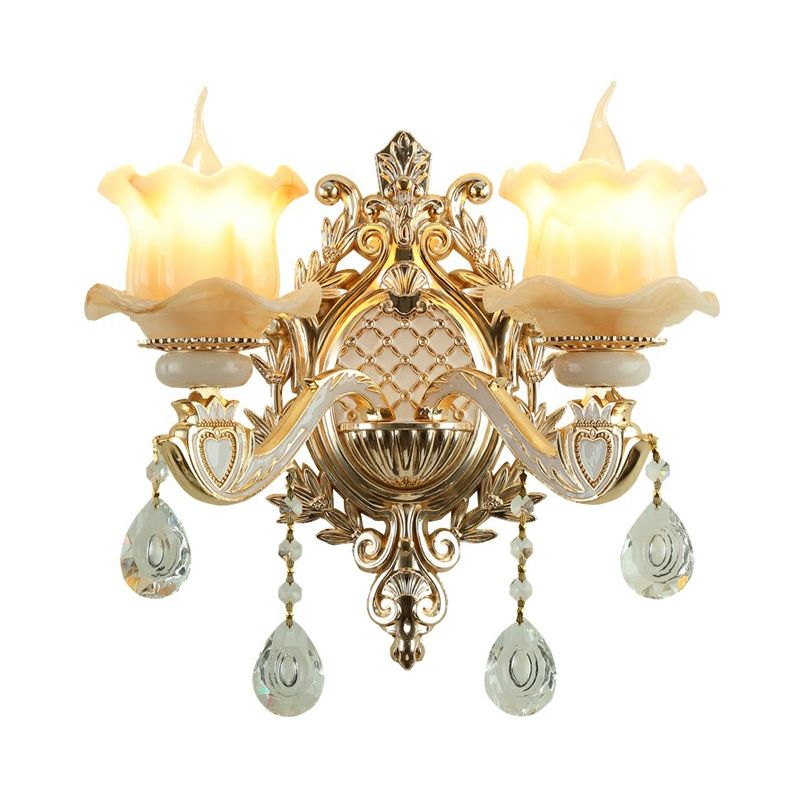 Jade Wall Mount Light Traditional Beige Flower Corridor Wall Sconce with Crystal Drop