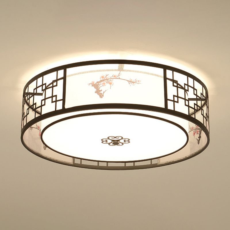 Brown Geometric Flush Mount in Traditional Artistic Style Wrought Iron Ceiling Light with Fabric Shade