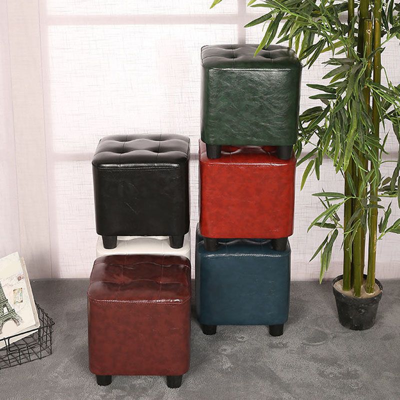 Modern Square Pouf Pure Color Tufted Upholstered Faux Leather Cube Ottoman