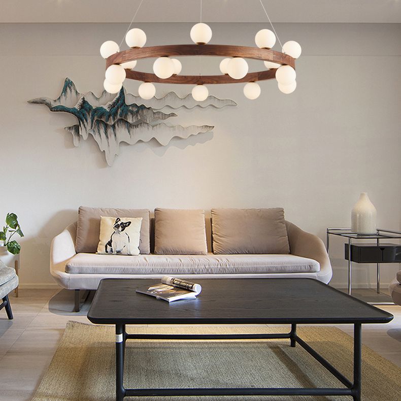 Nordic Minimalist Circular Chandelier Lamp Wood Hanging Pendant Lights for Restaurant