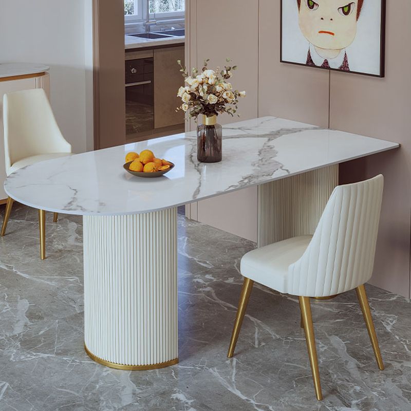 Minimalist Free Form Dining Table Set with 4 White Leather Dining Chairs