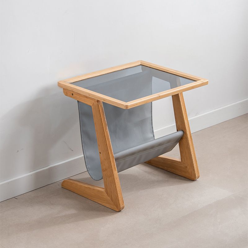 Modern Rectangle Glass Top Side Table Wood Abstract base End Table with Magazine Holder