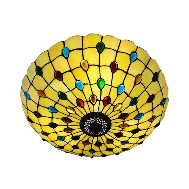 12/16/19.5-Inch Wide Bowl Ceiling Light Retro Style Stained Glass 1/2/3 Light Jewel Flushmount Ceiling Light in Beige/White/Yellow
