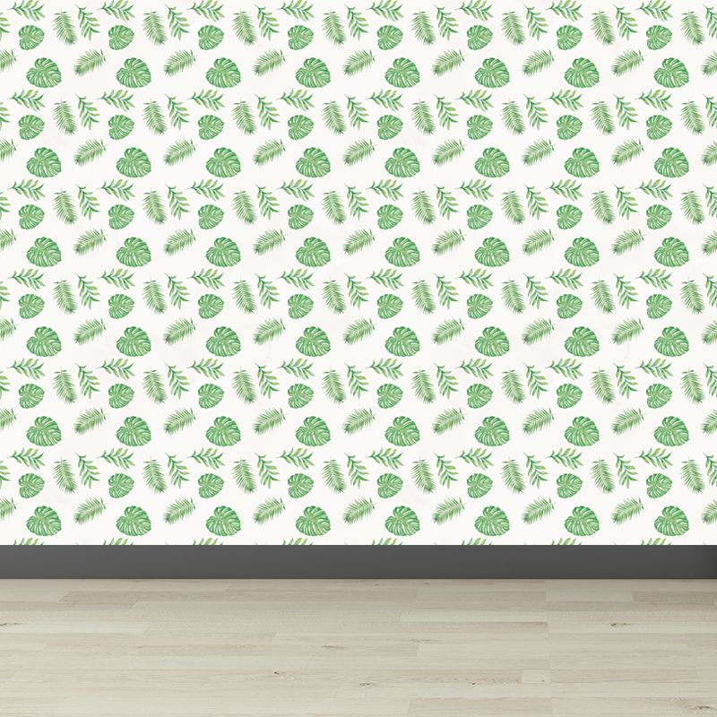 Tropical Leaves Pattern Wall Mural Non-Woven Textured Stain-Proof Soft Color Wall Art for Bedroom