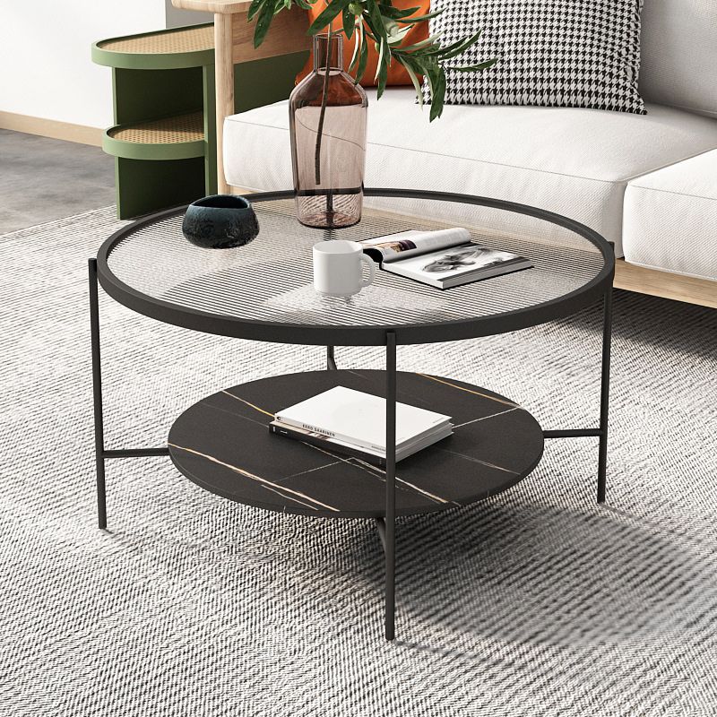 Modern Style Round Glass Table Plate Metal 4 Legs Base with Storage Rack Coffee Table